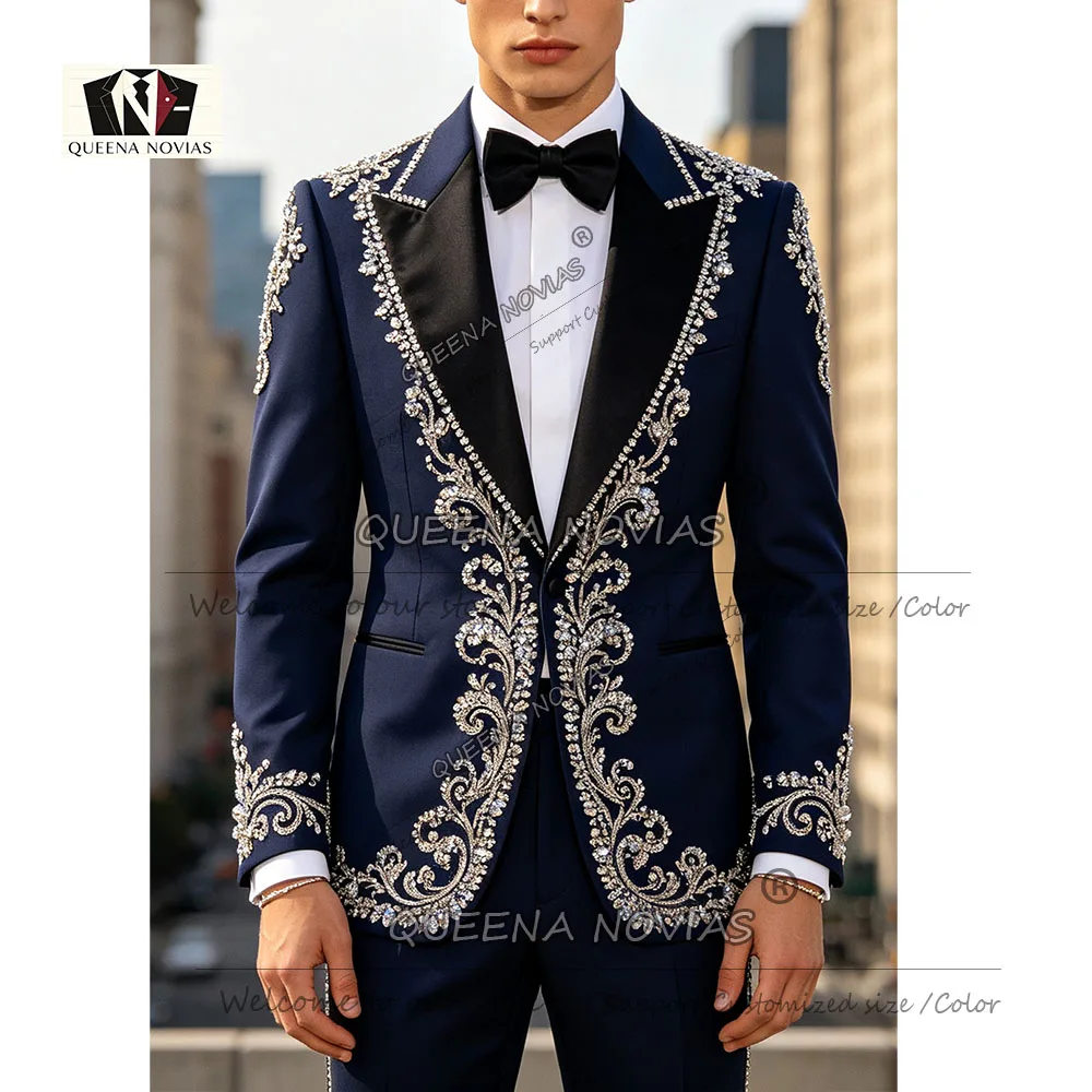 Luxury Man Beading Crystals Sequins Tuxedo Suit Slim Fit Single Breasted Jacket Pants 2 Piece Groom Wear Dinner Party Clothing