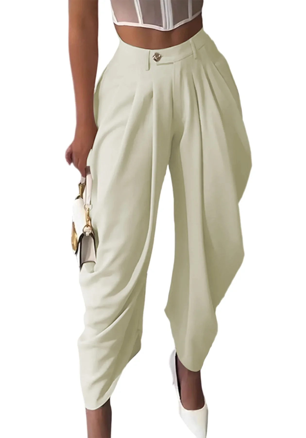 Pantalon long ample taille haute pour femme, style décontracté et actif, couleur unie, collection automne 2026, idéal pour le travail ou la ville