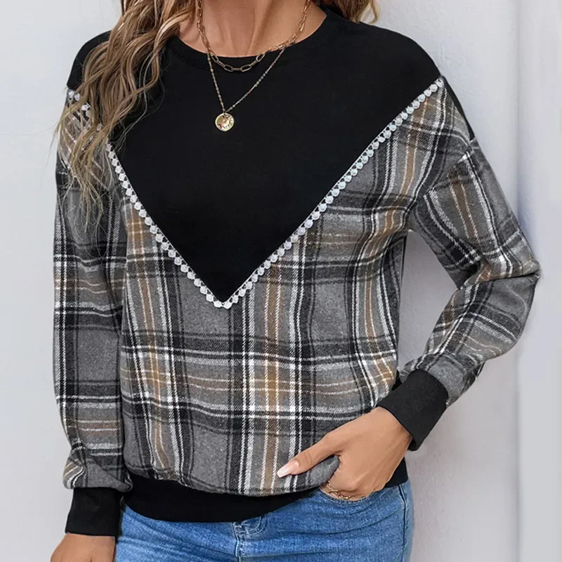 Jersey de cuello redondo para mujer, Top de manga larga, holgado, informal, Vintage, a cuadros, coreano, Otoño e Invierno