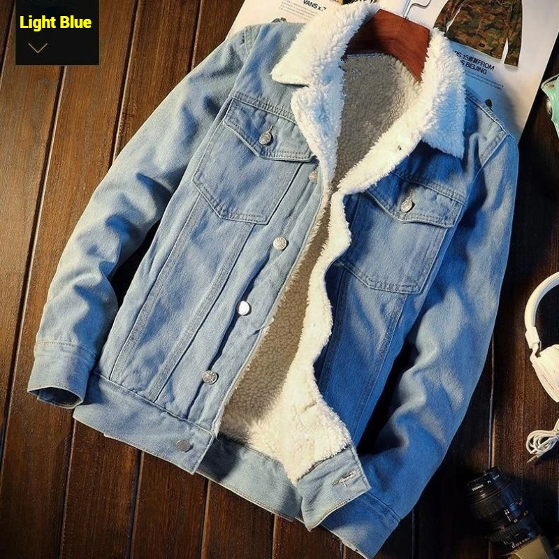 

Mens Winter Fleece Denim Jacket Thick Warm Lambswool Loose Plus Size Cotton Trendy Casual Outerwear Coat