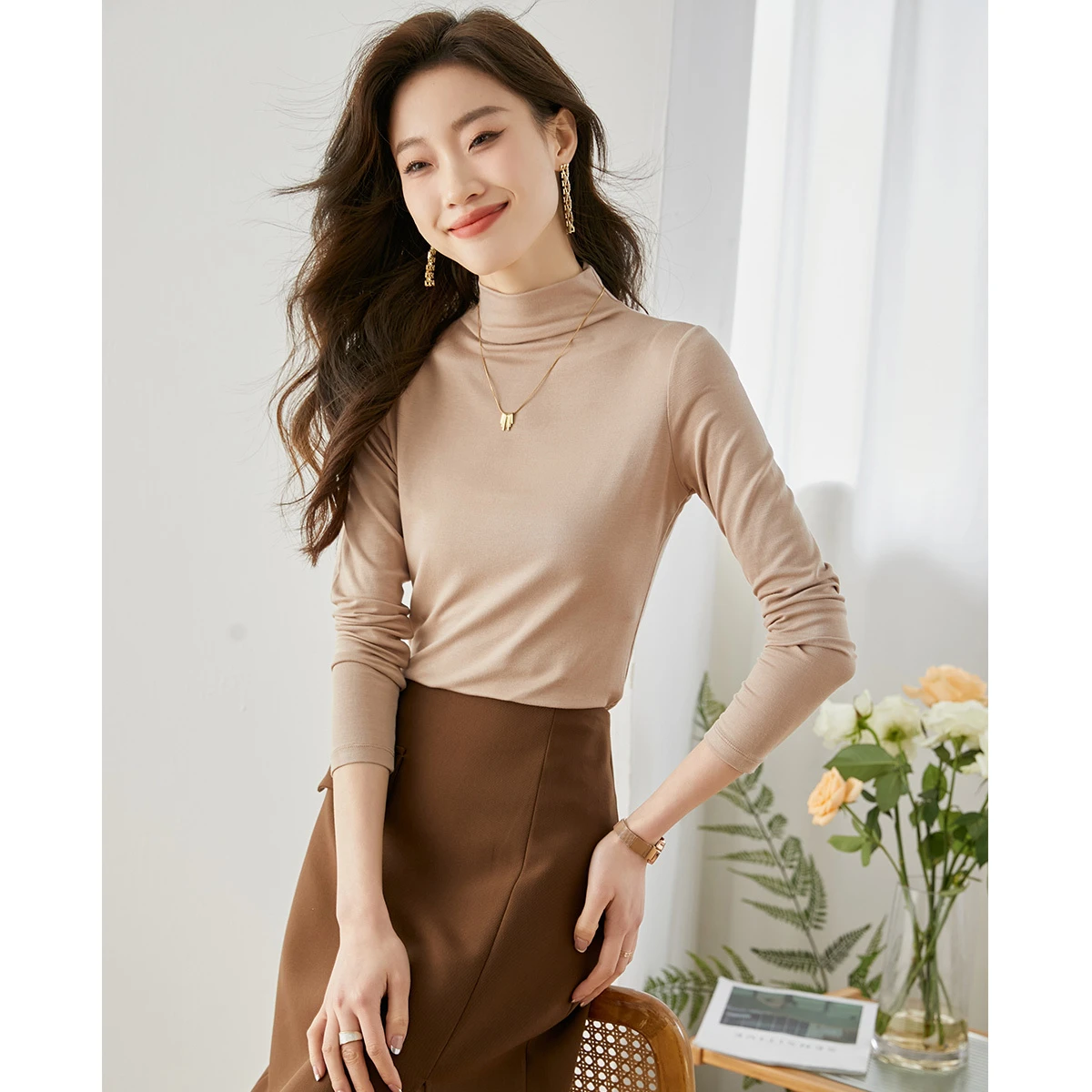 

VIMLY Women's Long Sleeve T-Shirts 2025 Autumn Turtleneck Thin Soft Basic Slim Fit Pullover Tee Casual Knit Top for Ladies 71351