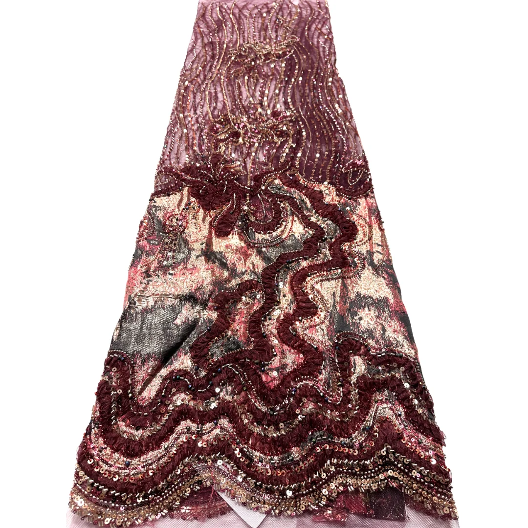 Luxury African Ruffle Lace Fabric 2026 High Quality Beaded Sequins Embroidery Mesh For Women Hand-End Evening Party Dress Sewing