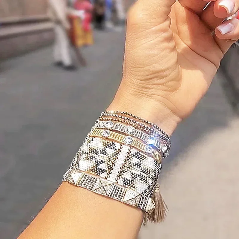 Beaded bracelet Geometry Originality Hand knitting Design Bohemia Adjustable  Female Tide Simple Rice bead bracelet set