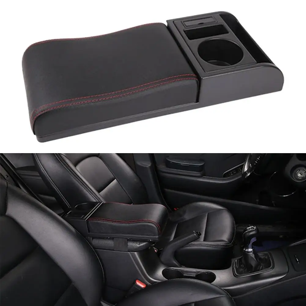 Car Armrest Pad PU Leather Elbow Support Cushion with Cup Holder Storage Slot Universal Auto Arm Rest Protector Interior Access