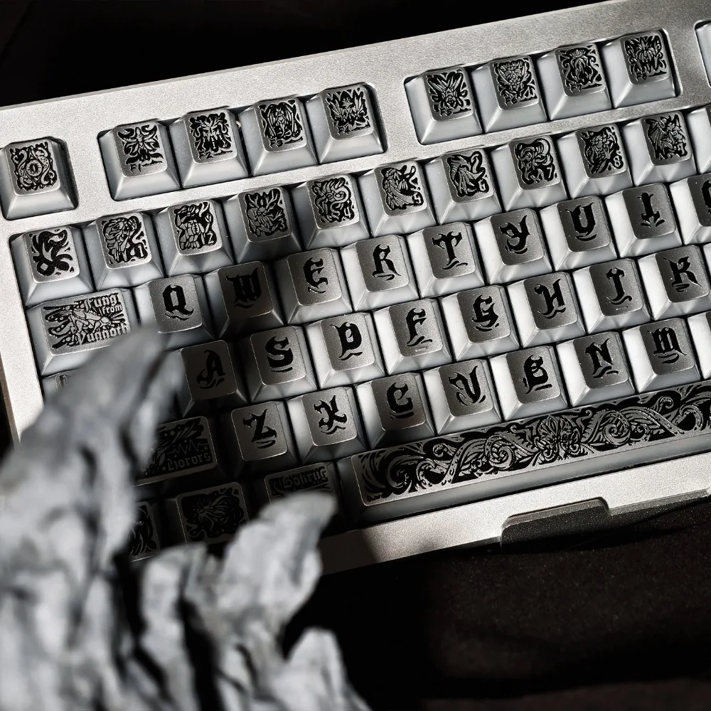 Retro Cthulhu Keycap Set 130keys Metallic Silver PBT Cherry Profile Artisan Keycaps for 65/75/87/98/104 Mechanical Keyboard Cap