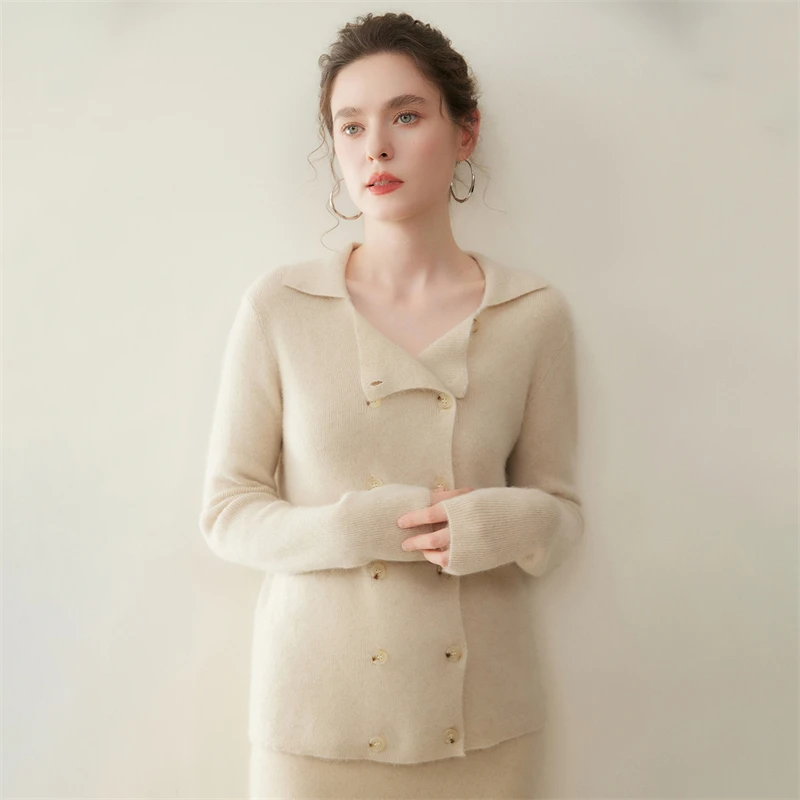 เสื้อสเวตเตอร์แคชเมียร์สำหรับผู้หญิง ฤดูใบไม้ร่วง ฤดูหนาว แบบกระดุมสองแถว ปกพับ คอปกแบบเรโทร ผลิตจากแคชเมียร์ 100% เสื้อถักสำหรับสุภาพสตรีทำงาน