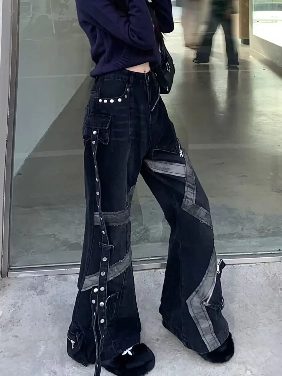 American Retro Streetwear Vintage Zipper Splicing Micro Flared Jeans Women Y2k Slim Multi Pocket Straight Wide Leg Denim Pants