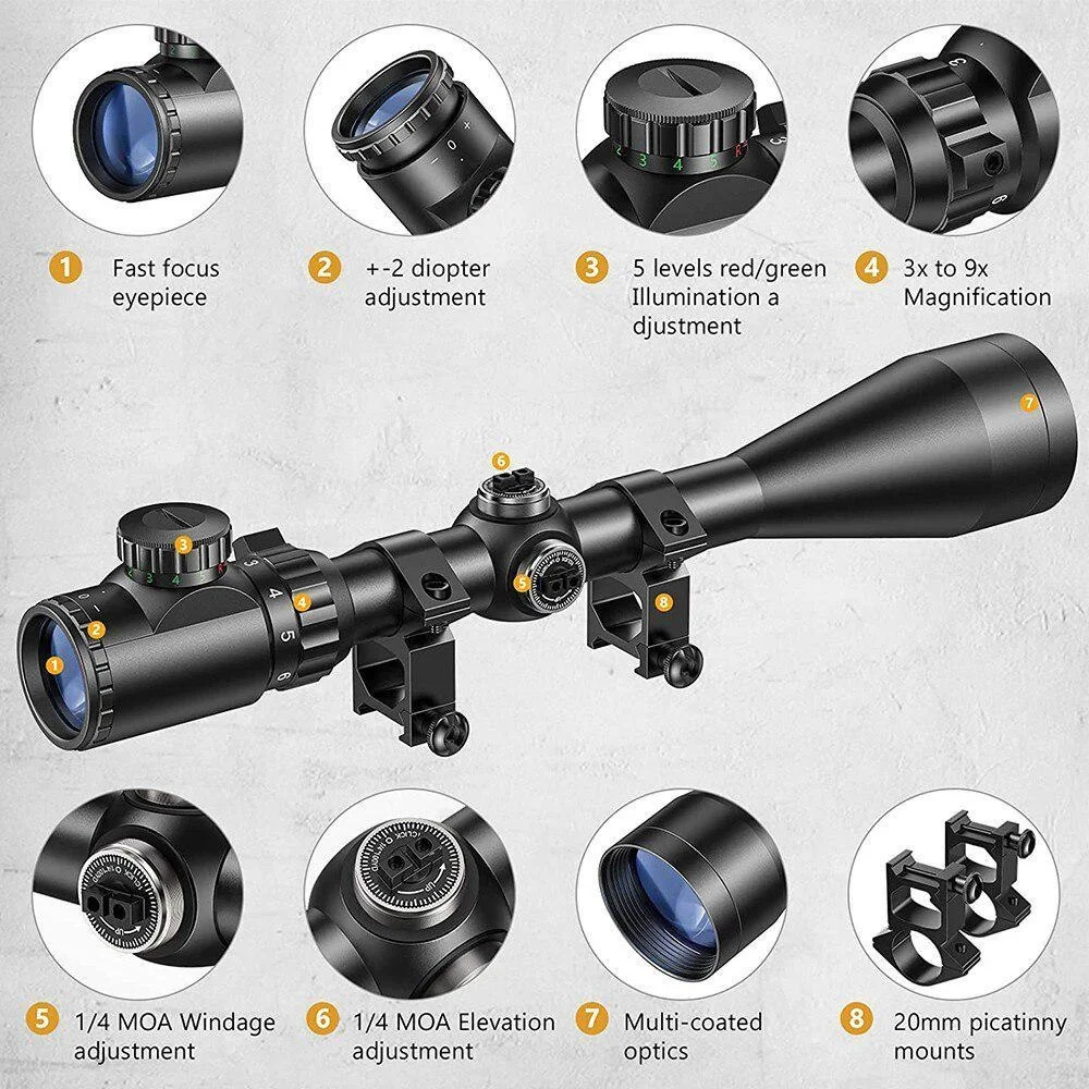 Imagem -02 - Tactical Riflescope Visão Óptica para Caça Iluminado Rifle Scope Militar Verde Vermelho 3-9x40eg