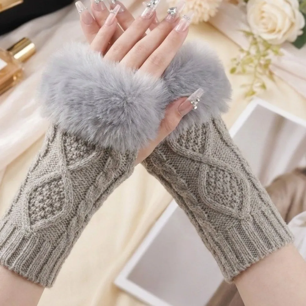 Chic Cable Knit Fingerless Arm Warmers Rhombus Pattern Faux Fur Cuff Half Finger Gloves Polyester Warm Sleeve Cover Outdoor