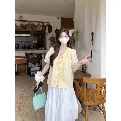 

Short Sleeve Shirts Womens Cotton Patchwork Pintuck Loose Shirt Outdoor Activity Modern Artistic Student Youthful Breathable