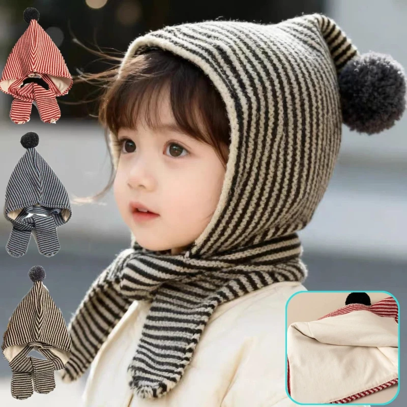 Winter-Wärme-Kinder-Kapuzenschal-Mütze Baby-Strick-Kapuzenschal Jungen Mädchen Ohrenschutz Gestreifter Einteiliger Hut Kinder-Accessoires