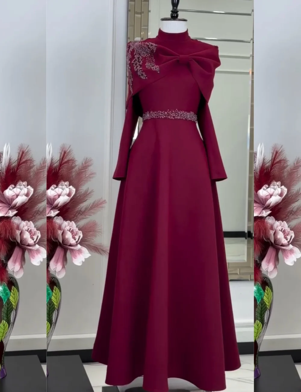 

Customized Exquisite Jersey Pleat Sequined A-line High Collar Long Bespoke Occasion Evening Dresses Simple