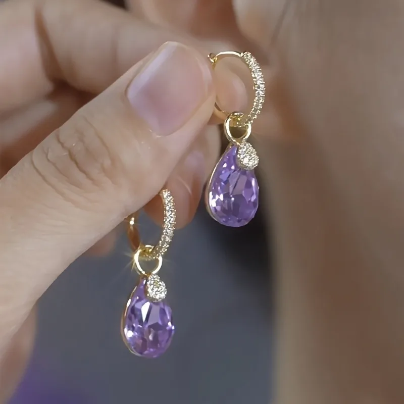 Luxury Charm Purple Crystal Teardrop-shaped Earring for Daily Wear Gifts Classic Versatile Styles for Women Temperament Jewelry
