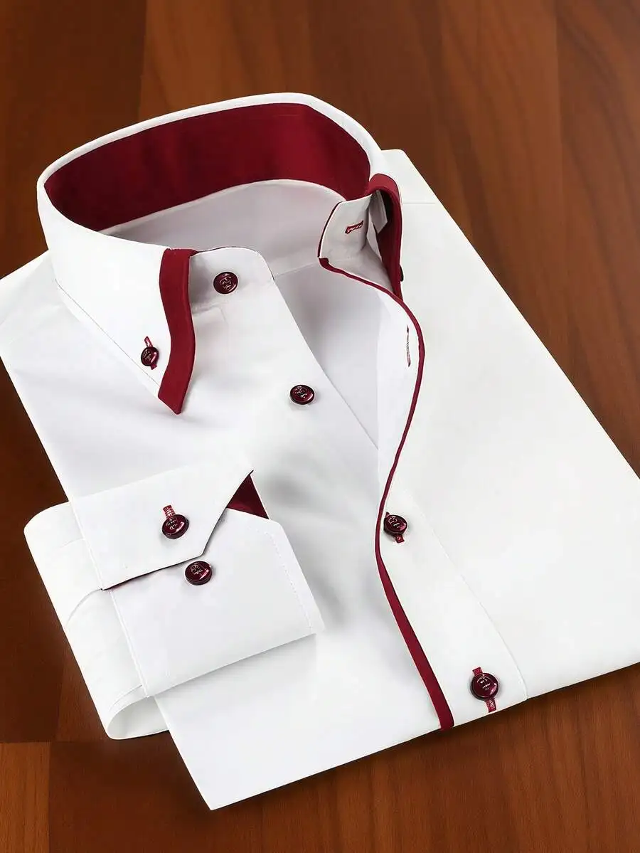 

Men's Slim Fit White Dress Shirt with Burgundy Trim & Pearl Buttons