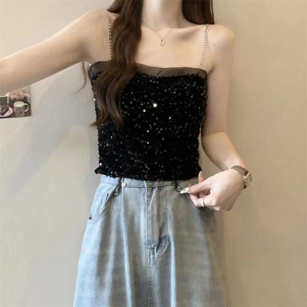 Elegant Crop Top Shiny Sequin Vest Slim Bling Bottoming Shirt Party Sweet Camisole with Chest Pads Spicy Girl Style