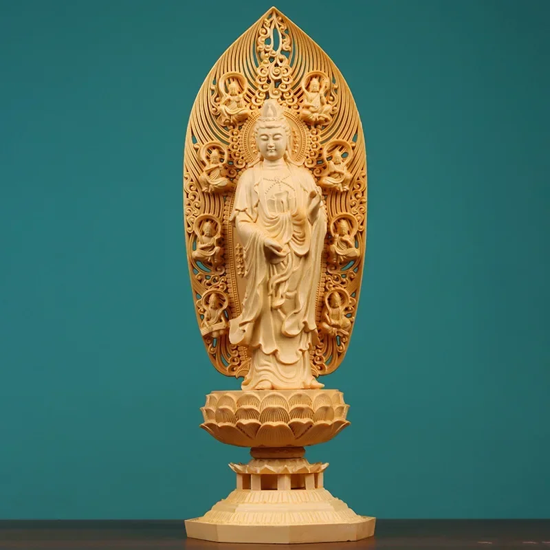 Wooden pharmacist Large Buddha statue Solid wood carving Lotus Tower Home living room decoration crafts 43cm