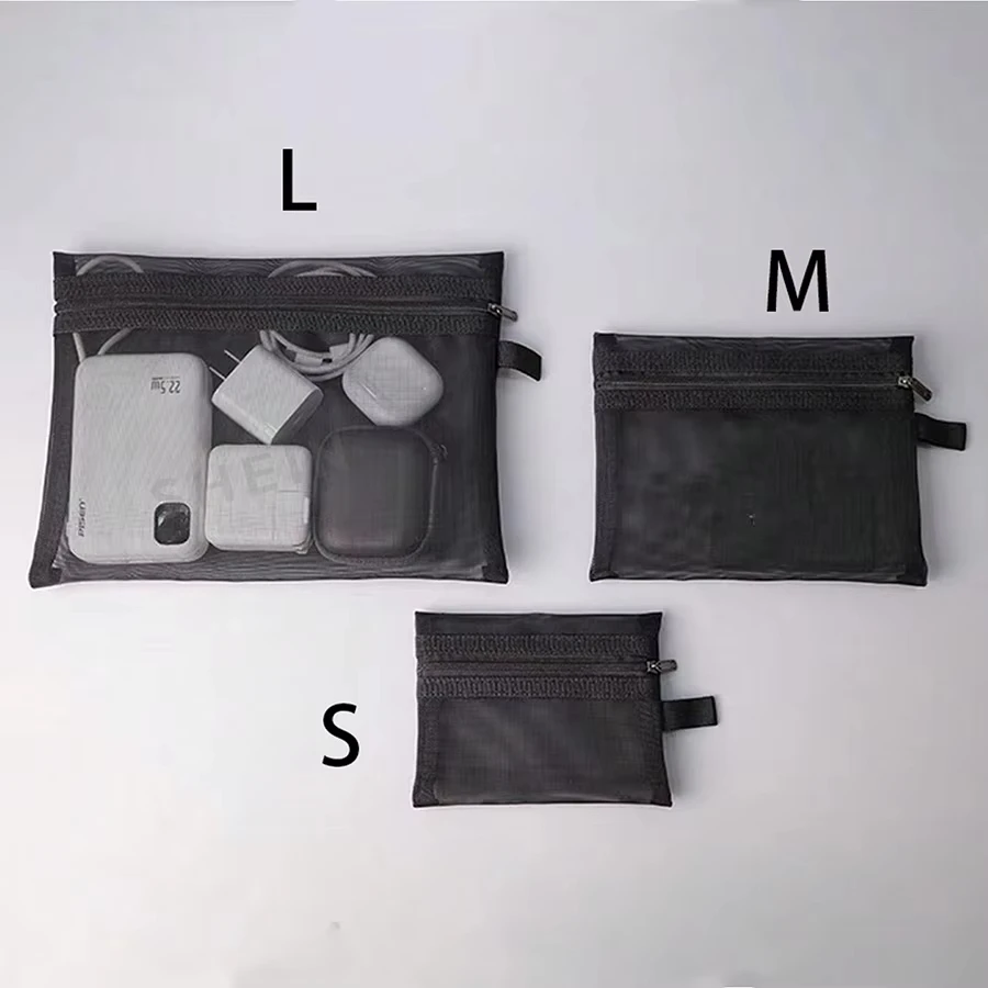 3PCS Mesh Storage Bag Portable Make up Zipper Bag Cosmetic Organizer Pouch for Daily or Travel to Keep Small Items Data Cable