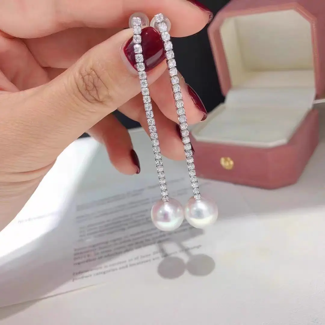 D804 Pearl Earrings Fine Jewelry 925 Sterling Silver Round 10-11mm Nature Fresh Water White Pearls Drop Dangle Earrings Women
