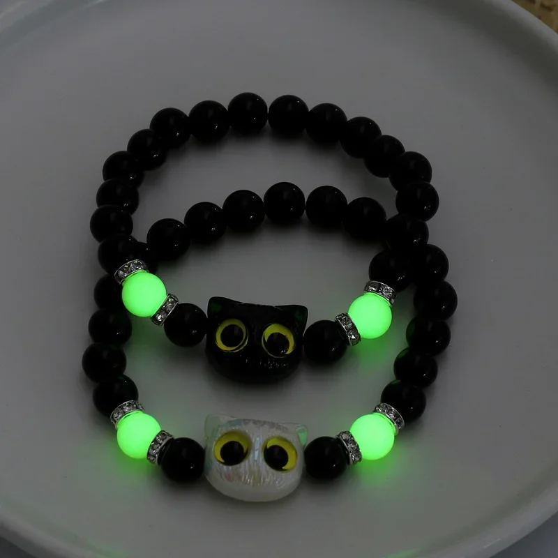 Luminous Matching Couples Bracelets Necklace for Women Men Cat Black White Cat Head Bangles Glow In The Dark Friendship Gift view 6