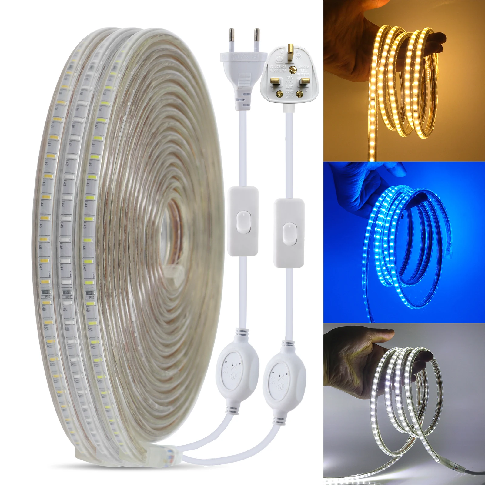 3014 LED Strip Light 220V EU Plug UK Plug 120LEDs/m Outdoor Garden Waterproof Flexible Ribbon Tape With ON OFF Switch Home Decor