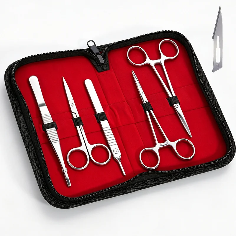 1set Oral suture kit, suture scissors, tweezers, blades, dental surgical suture stainless steel tool, portable tool with bag