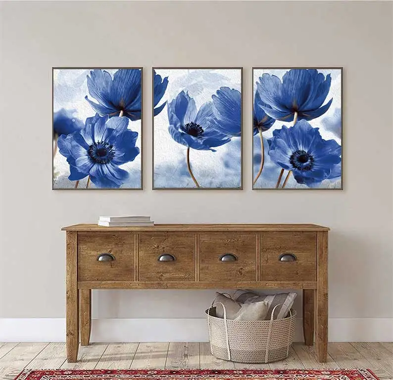 1pc Canvas Painting frameless Floral Botanical Canvas Print Abstract Blue Flower Plant Poster Nordic Style Wall Art Painting Sca
