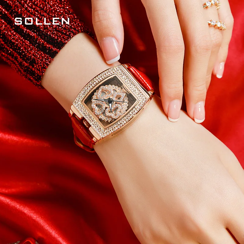 SOLLEN Luxury Diamond Rose Gold Watches Fashion Red Leather Strap Skeleton Watch High Quality Women Watch Waterproof Reloj Mujer