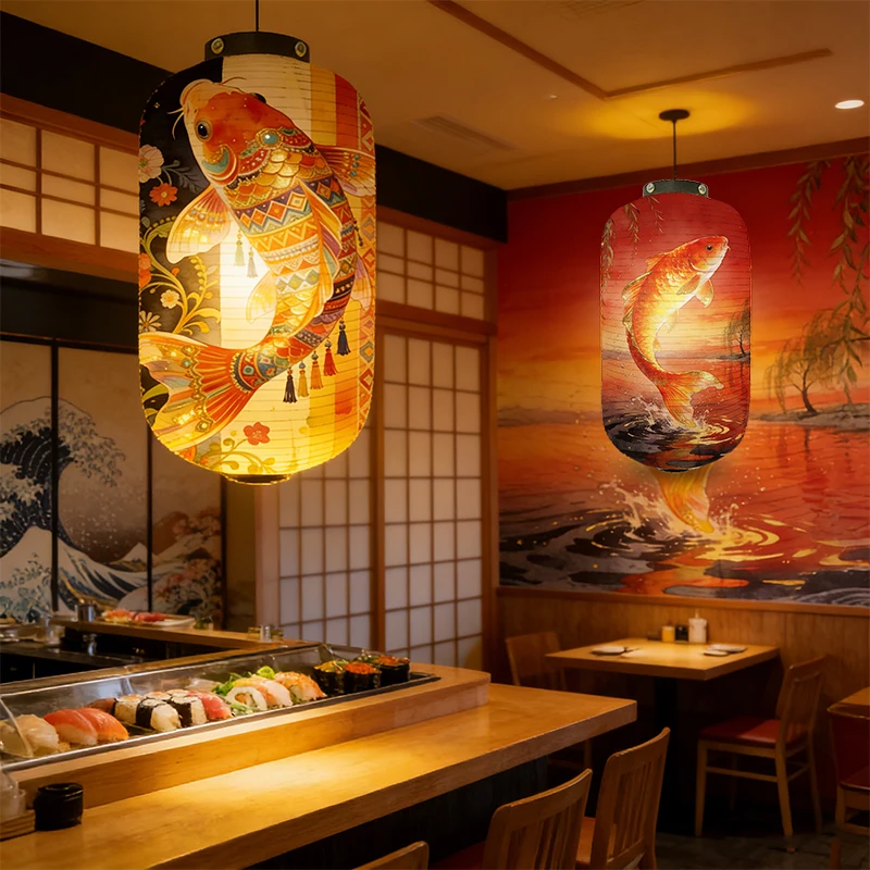 Linternas de tela de estilo tradicional oriental Ukiyo-e Koi, linterna estampada, Bistro, Izakaya, restaurante, fiesta, decoración del Festival de mediados de otoño