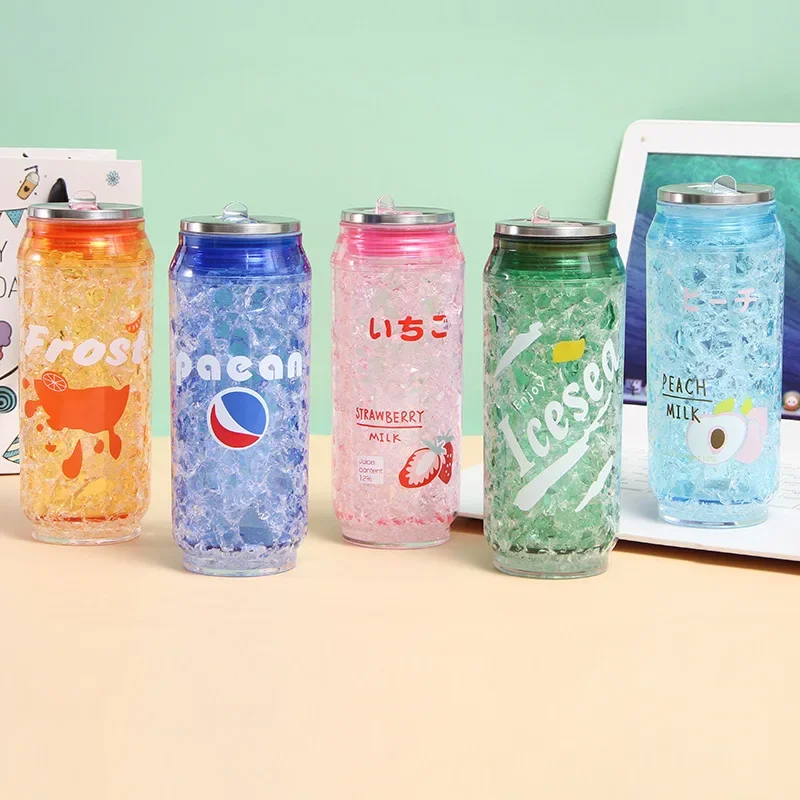 علب ثلج لثلاجة الكولا، كوب بلاستيكي قابل لإعادة الاستخدام، طبقة مزدوجة كزجاجة مياه للشاي والقهوة البلاستيكية مع القش