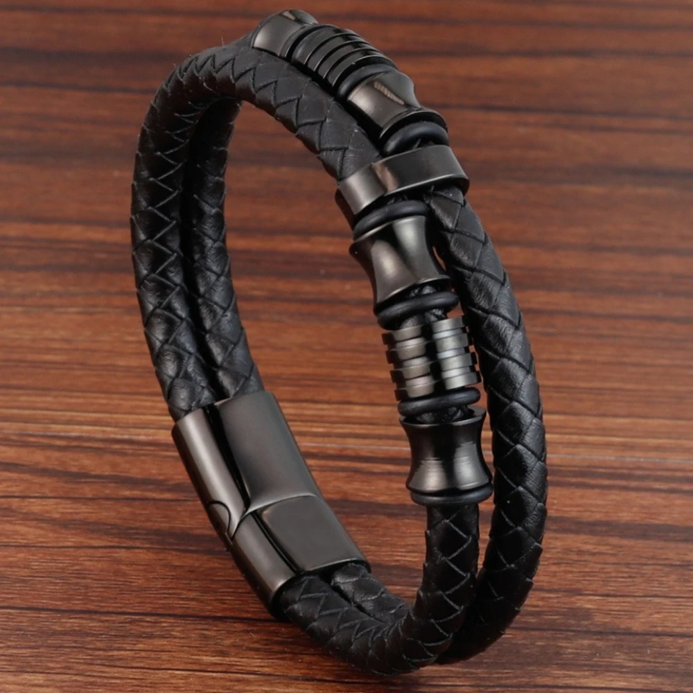 Doppelschichtige schwarze echtes Leder gewebte Armbänder Edelstahl Männer personalisierte High-End-Armreifen Modeschmuck – Detail 1