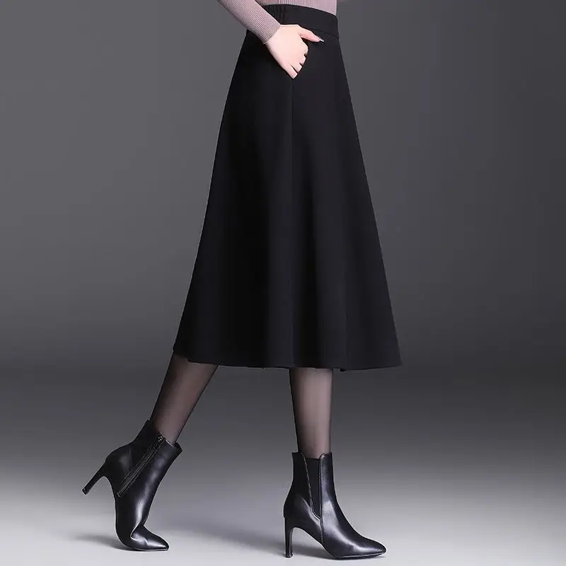 Woolen  A-Line Skirt Mid Length for Women Fashion High Waist Pleated Skirt with Pockets Fall Winter Office Lady Streetwear Skort