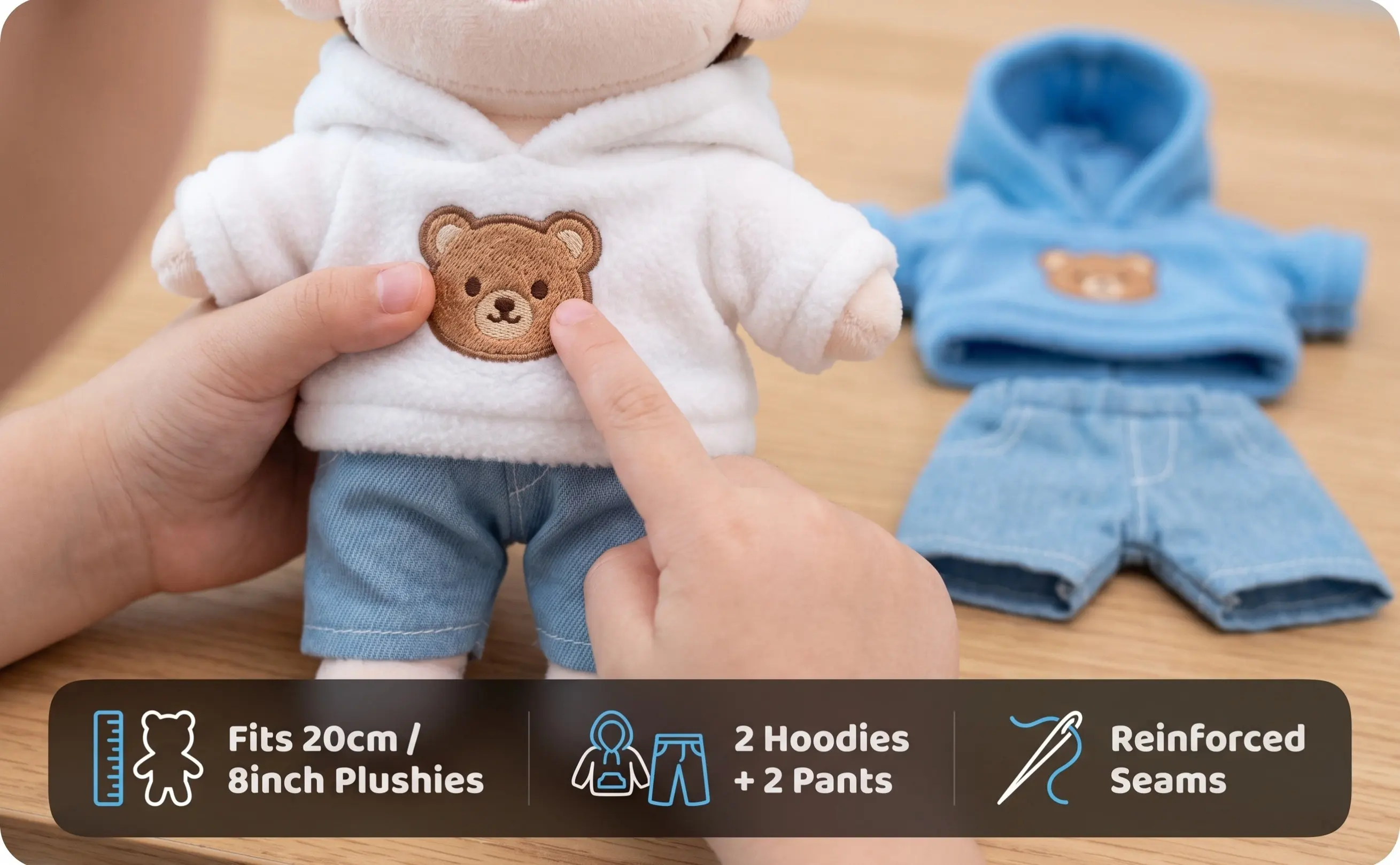 4Pcs Cute Bear Outfit Hoodie Denim Pants Set for 20Cm 8Inch Stuffed Animals Kawaii Style Soft Cotton Stuffed Animal Clothes Kit