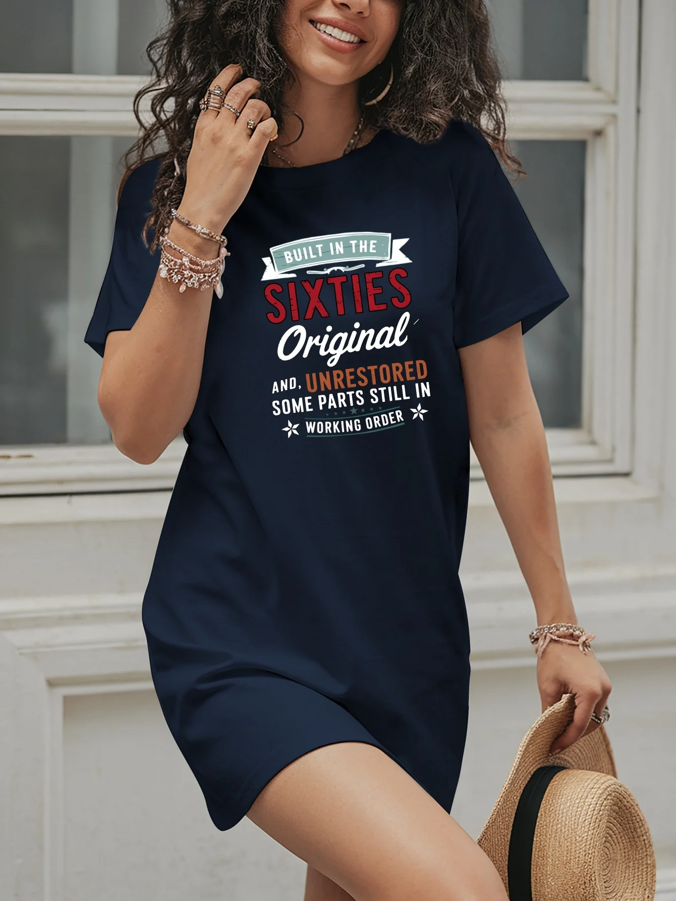 

2025 Women's Casual T-Shirt Dress Crew Neck Short Sleeve Summer Fashion Trendy Letter Print Plus Size American Style Dress