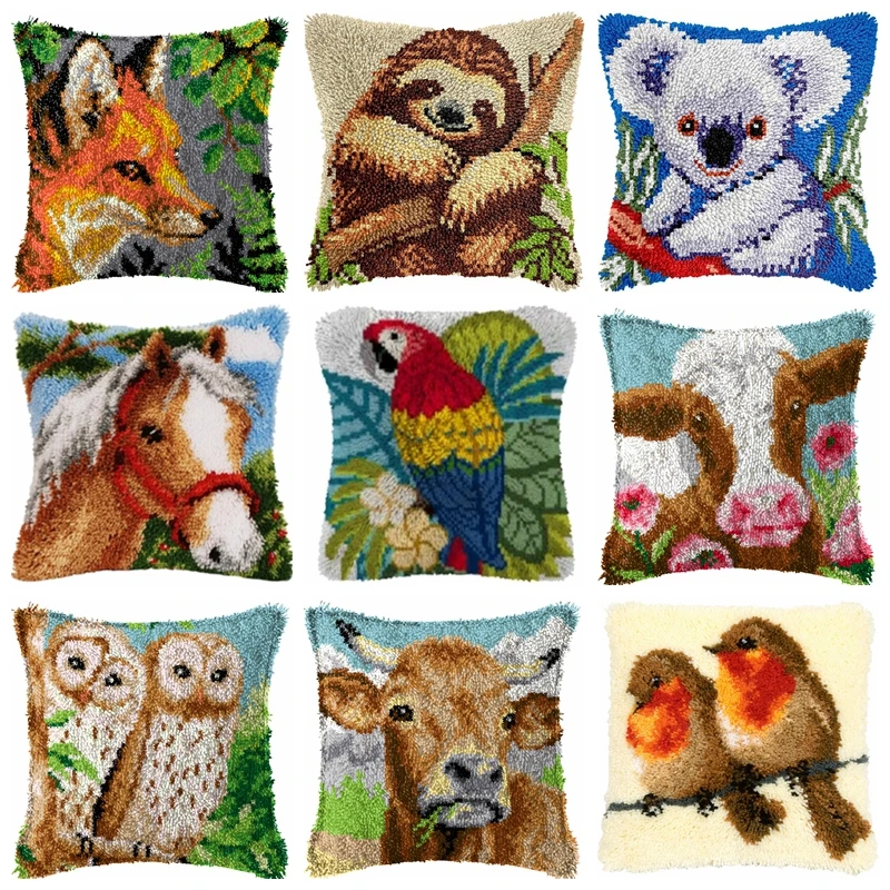 

Animal Parrot Penguin Latch Hook Kit Fierce Animal Pillow Button Smyrna Knooppakket Needlework Button Packagek Linkhaak Kussen
