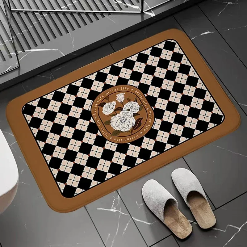Fußmatten mit Schachbrettmuster und Blumenmuster, Fußmatten für Badezimmer, Retro, rutschfeste Teppiche, Küche, Beadroom-Eingangsteppich, Homg-Dekor
