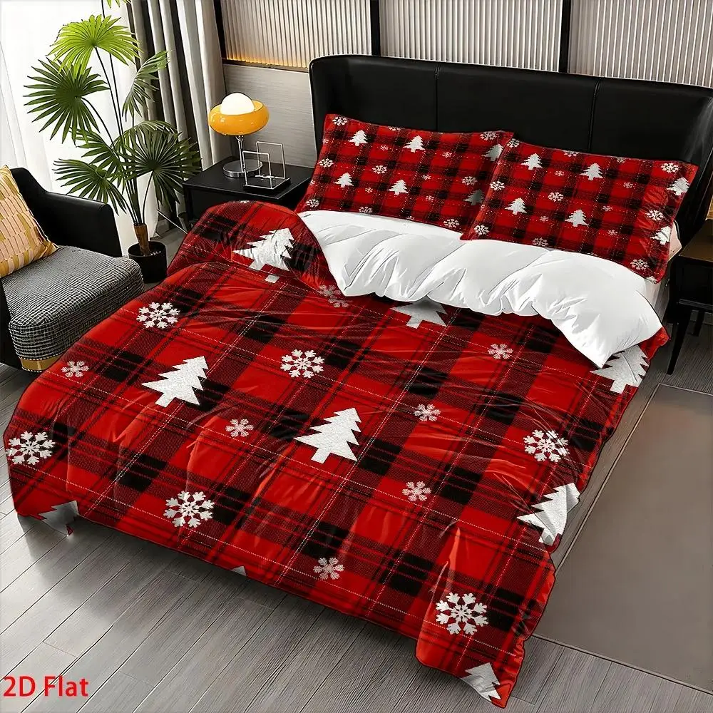2D Flat Printing Duvet Cover Set (Without Filling), Red Plaid Christmas Duvet Cover Set, Three-Piece Bedding Set (1*Duvet Cover + 2*Pillowcases), Suitable for All Seasons, Machine Washable, Invisible Zipper Design, Large Double Bed Cover Set, Suitable for Home, Dormitory, Master Bedroom, Guest Room, Bedding, Bedroom Decoration, Hot-Selling Fantasy Style Duvet Cover Set