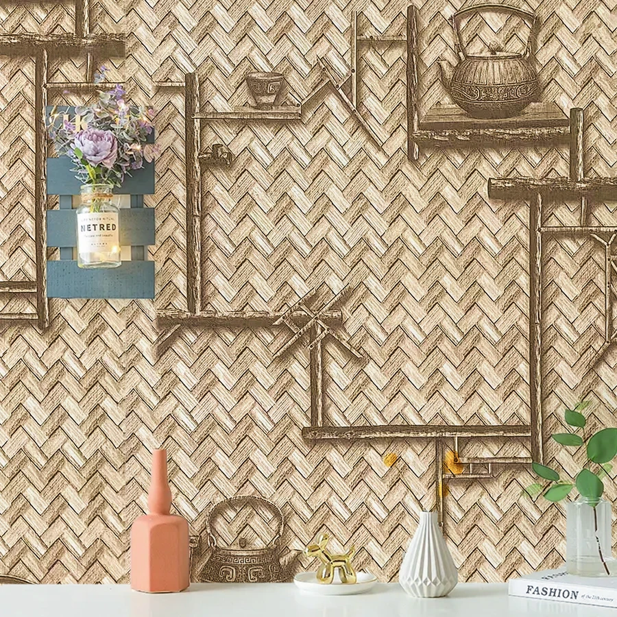 1 rouleau de papier peint auto-adhésif en faux rotin tressé pour l'art du thé - Décoration rétro en bambou pour la maison - Autocollant mural en vinyle