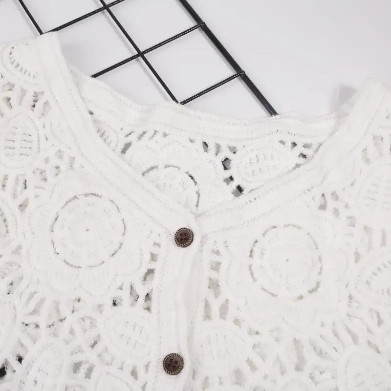 

P8DB вязаный мини-жилет женский летний ажурный вязаный крючком геометрический цветочный пуговицы свободный укороченный без для
