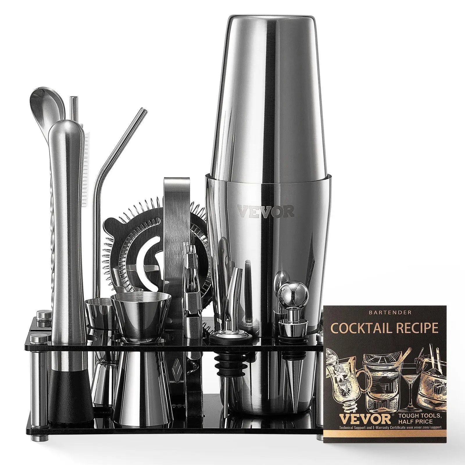 

14-Piece Stainless Steel Bartender Kit with Boston Shaker and Acrylic Stand Silver