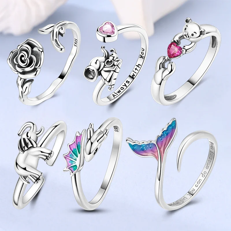 

Original Women Rings Sparking Rose Bear Elephant Pterosaur Open Ring For Engagement Jewelry Anniversary Gift