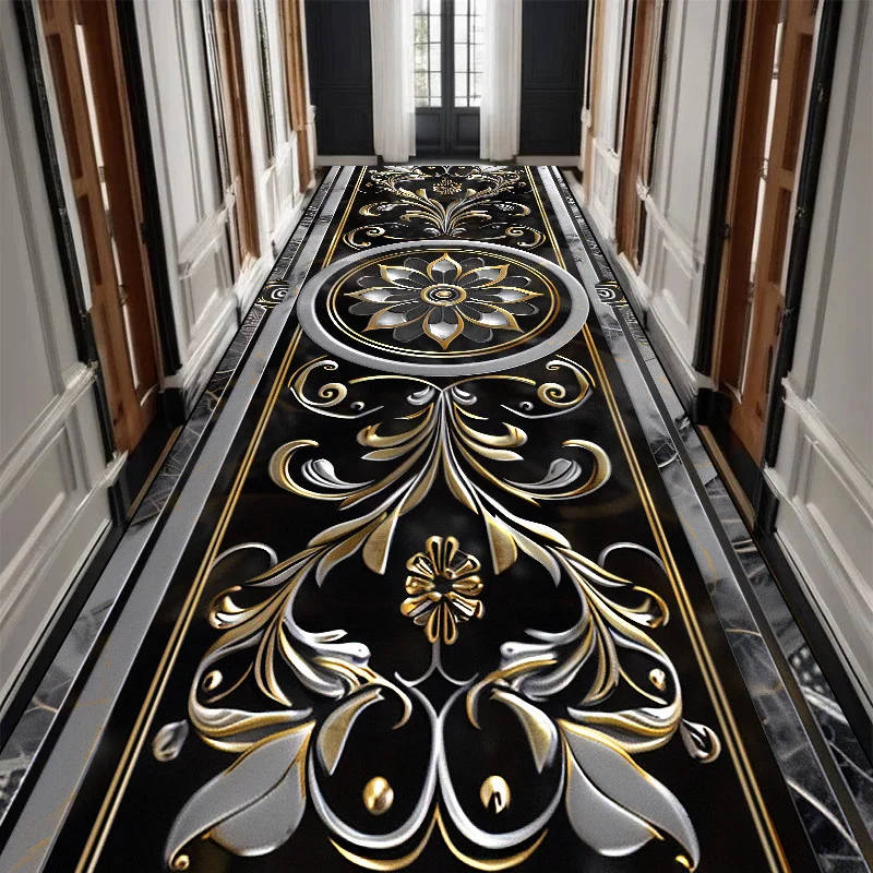 

Luxury Black Golden Long Corridor Carpet Hall Runner Decor Non-slip Washable Stairway Rugs European Aisle Floor Mat Customizable