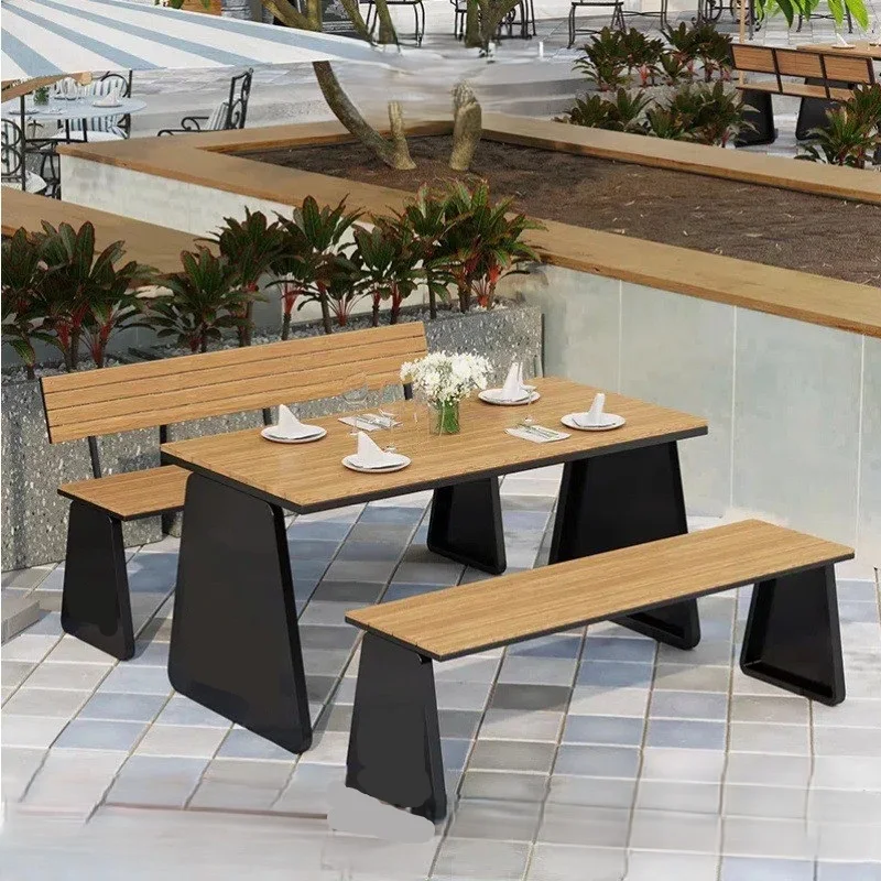 

！@Outdoor Dining Leisure Stool Set Iron Frame Plastic Wood Chair Modern Design Durable Waterproof for Courtyard Balcony