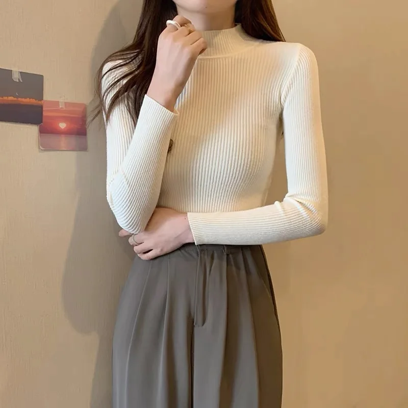 

Long-sleeved sweater for women in spring, autumn and winter, slim-fitting base layer, semi-high collar, versatile knitted sweate