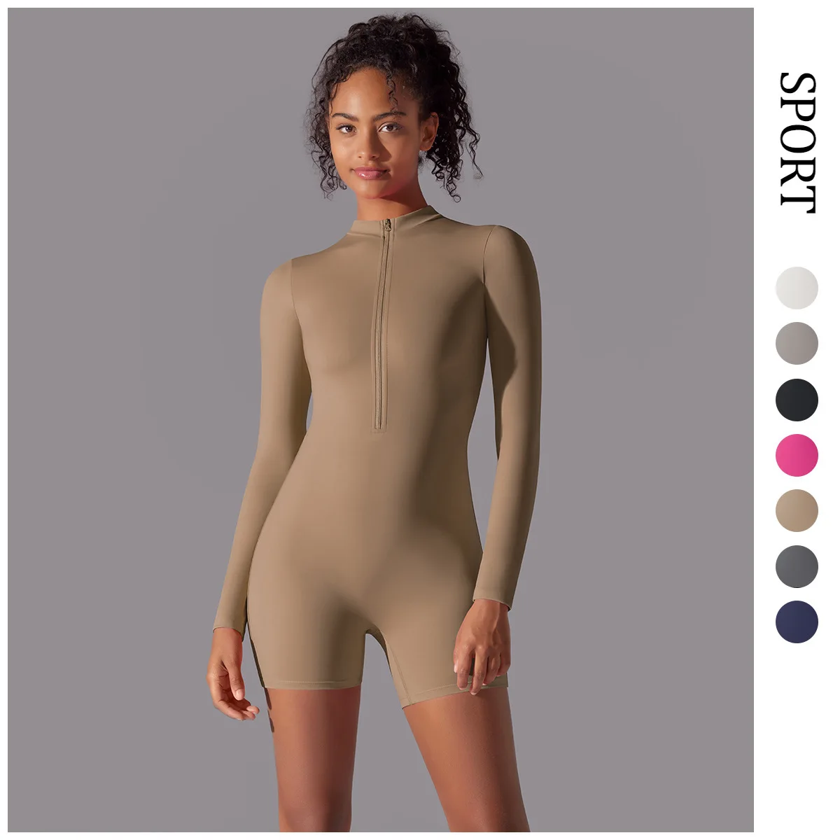 

Half Open Necked Zippered Long Sleeved Jumpsuit For Fitness, Sports, Sexy And Tight Fitting Jumpsuit, Brushed And Nude, Skin