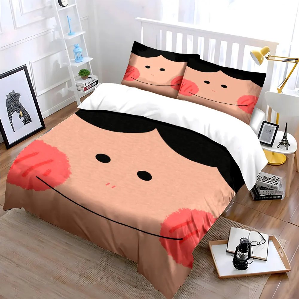 3Pcs Blush Cheek Cute Kid Face Bedding Set, Minimal Cartoon Portrait Print Duvet Cover 2 Pillowcases Single Double, Gift
