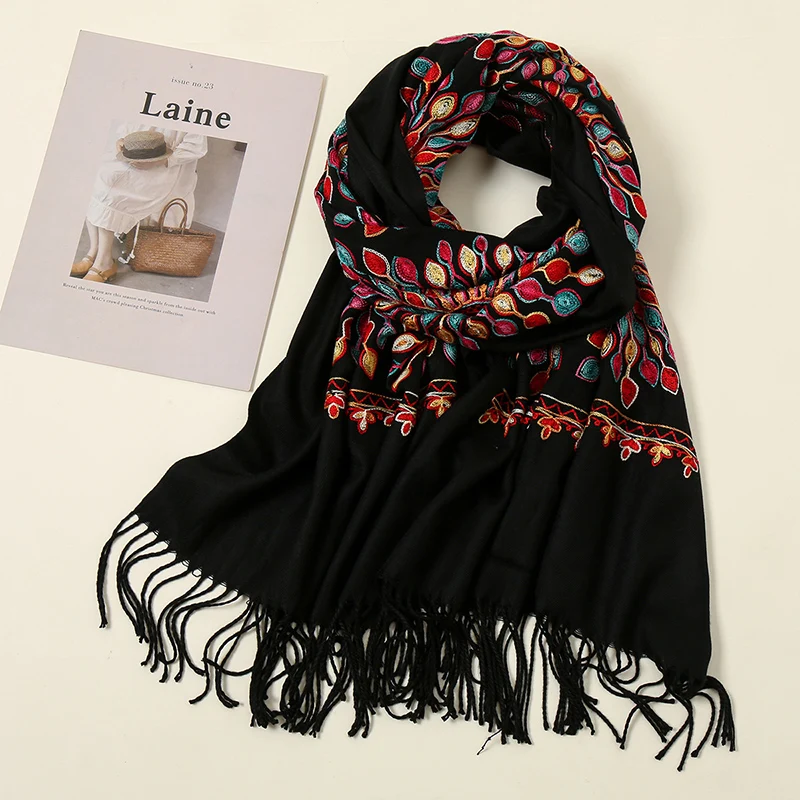 Winter Imitation Cashmere Shawl Thickened Tassel Scarf Floral Embroidery Pashmina For Women Warm Wraps Elegant Scarves