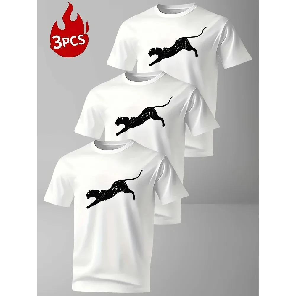 3pcs Men'S Classic Short Sleeve T-Shirts - Breathable Polyester Bold Fashion Print Regular Fit Round Neck Summer