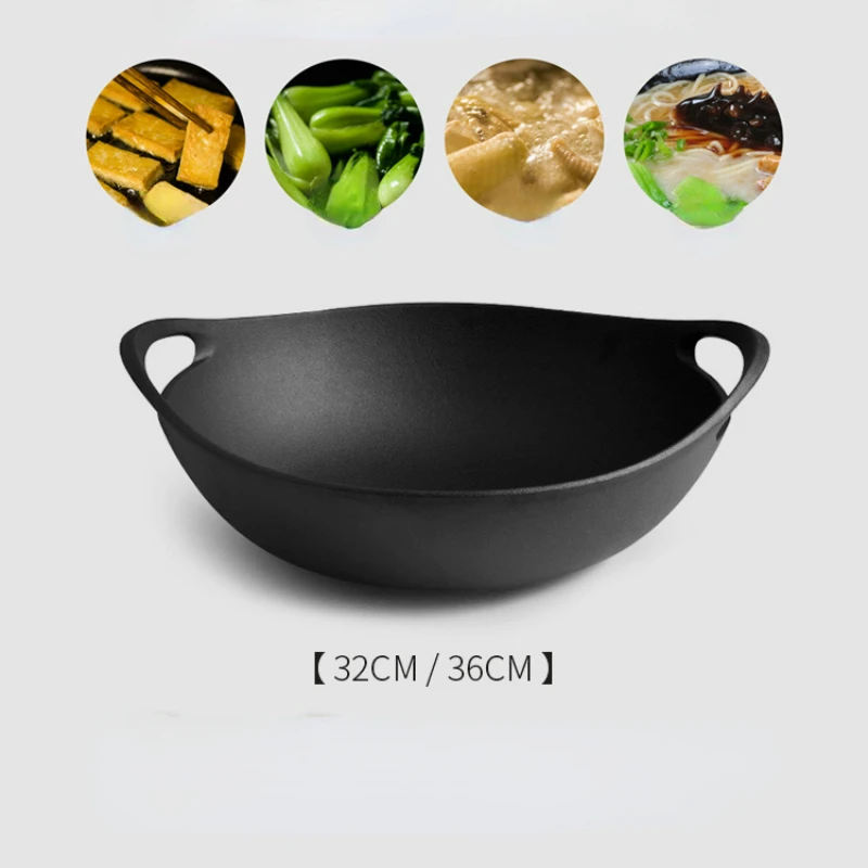 Double-ear Woks Stove for Kitchen Uncoated Cast Iron Wok Pans  Old Household Gas Cooker Induction Cooker Suitable for Wok