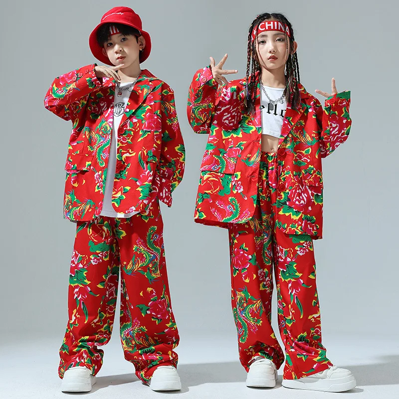 

Kids Hip Hop Clothing Red Suit Show Clothes with Big Flower for Girls Boys Dance Streetwear Costume