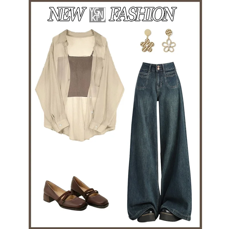 

Свободная тонкая женская рубашка, весенняя новинка, верхняя одежда, джинсы прямого кроя на бретелях, комплект из трех предметов, большие размеры, модный повседневный стиль